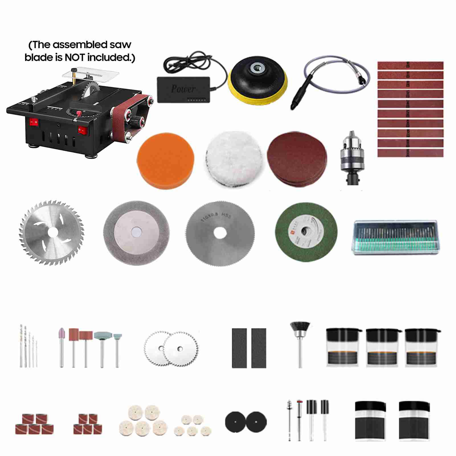 Mini Table Saw For Woodworking - 200Wミニベンチソーとベルトサンダー、延長ロッド、コレット、研削彫刻穴あけキット付き可変速丸テーブルソー