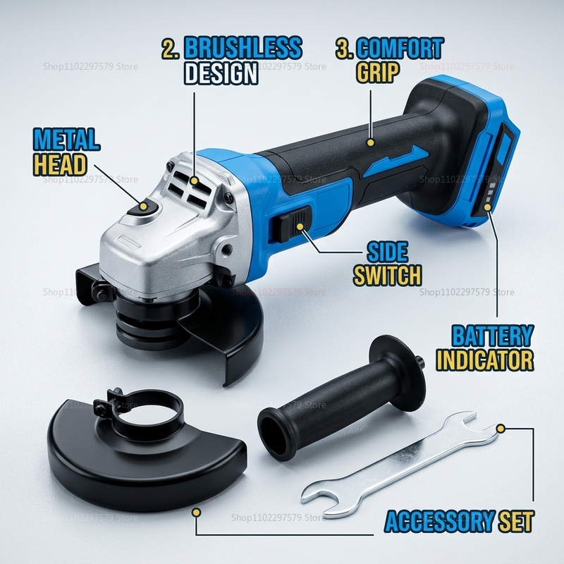 Brushless Angle Grinder Battery Powered - コードレスブラシレスアングルグラインダー 18Vバッテリー対応 電動工具 金属切断、研磨、DIY用