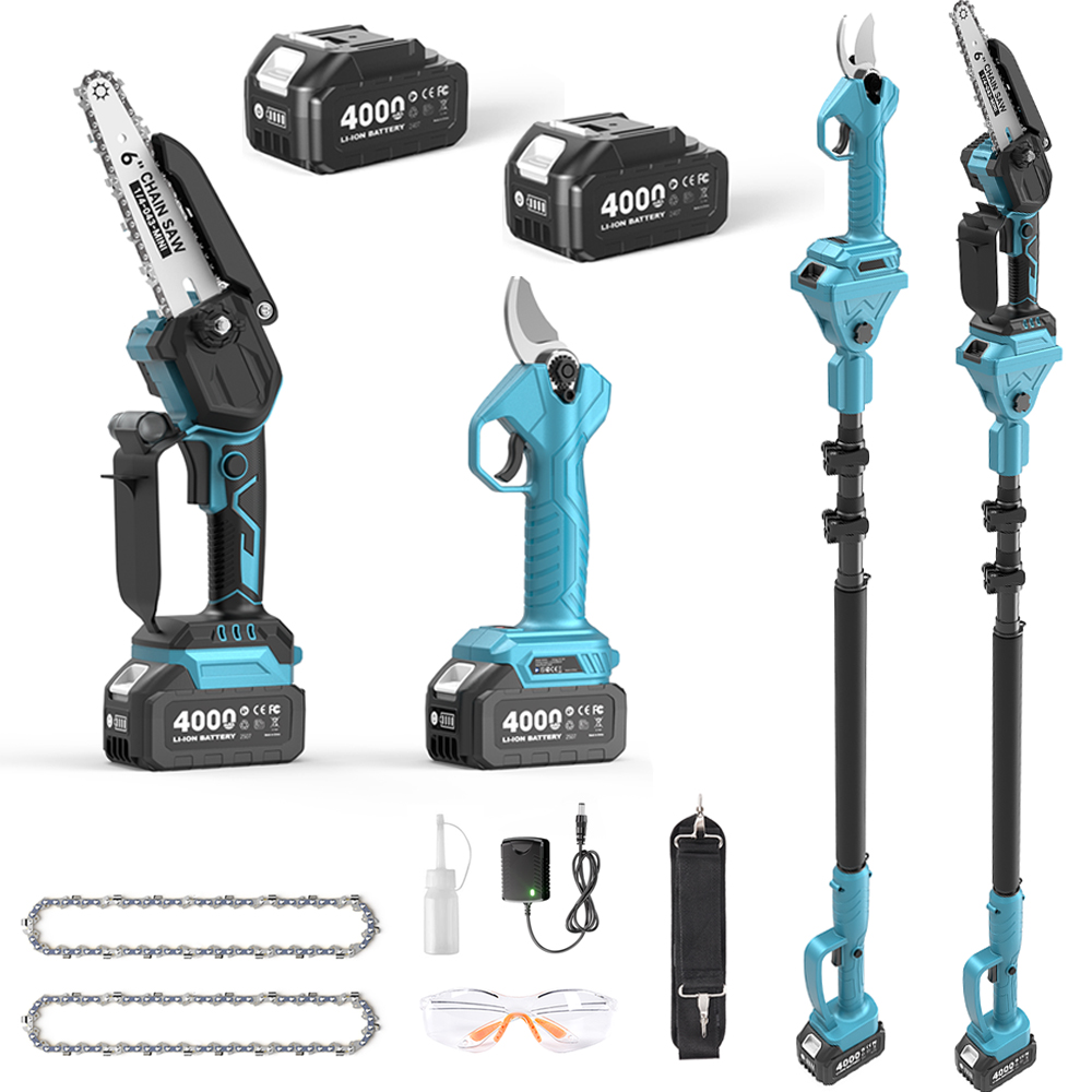 Mini Electric Chainsaw 6 Inch - タスクスター 3-in-1 ブラシレスポールプルーナー＆6インチコードレスチェーンソー 30mm電動ハサミ マルチアングル調整可能なポールソー 高枝剪定用