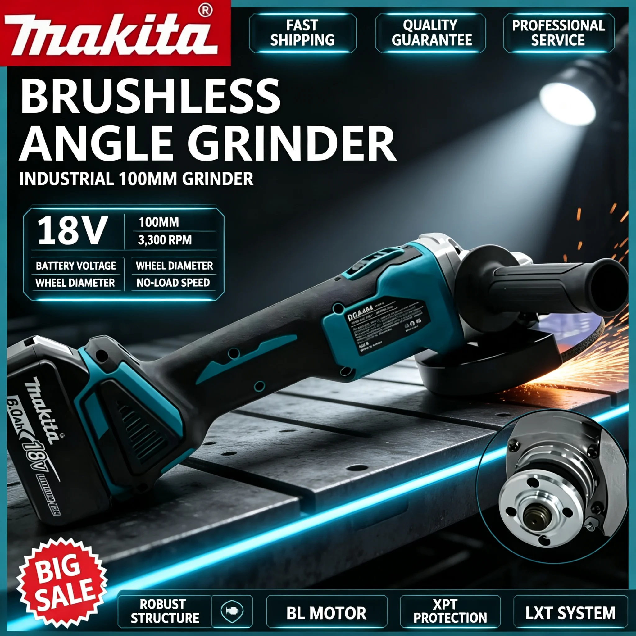 Brushless Angle Grinder Battery Powered - 100mmの高出力マキタDGA404ブラシレスアングルグラインダー。充電式電動工具で、切断や研磨に使用可能。マキタバッテリーに対応。
