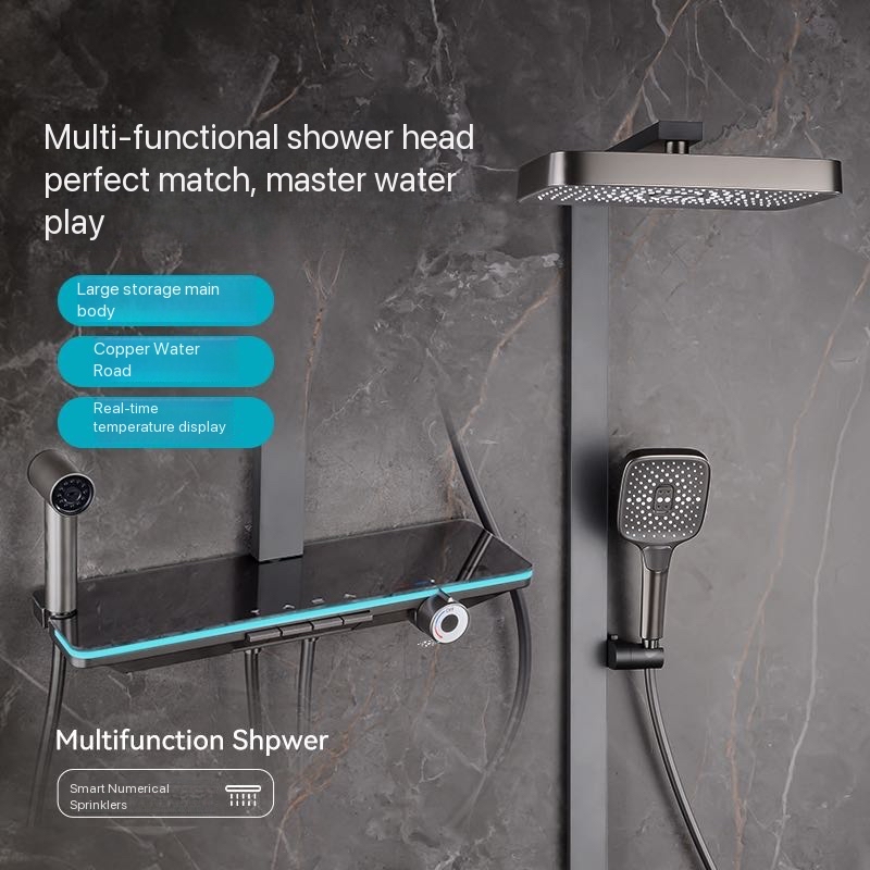 グレーのピアノボタン式アンビエントライト付き浴室シャワーフル - Plumbing のレビューと価格