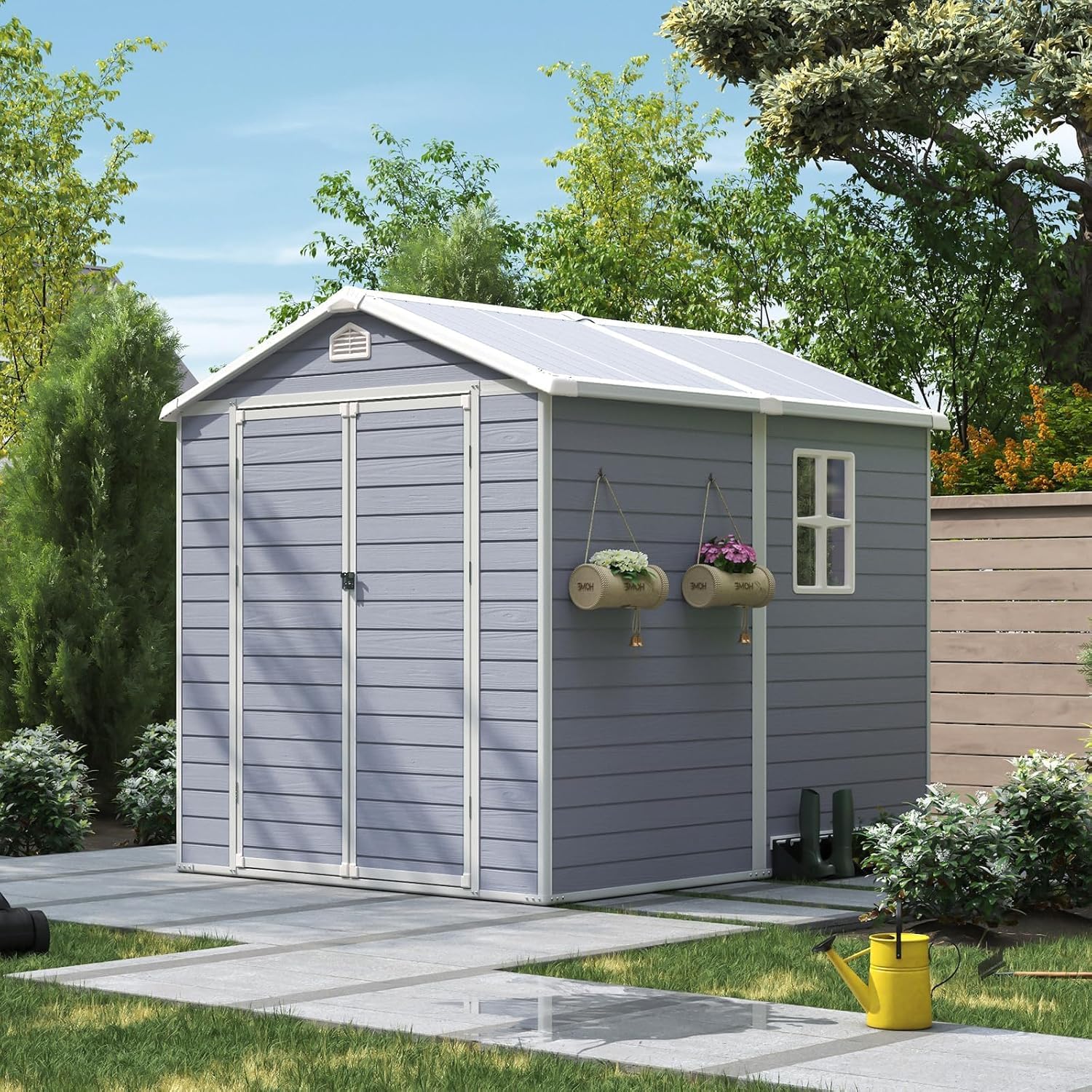 6x8フィート屋外収納庫、樹脂床、小型ガーデン用防水プラスチ - Garden Tools のレビューと価格
