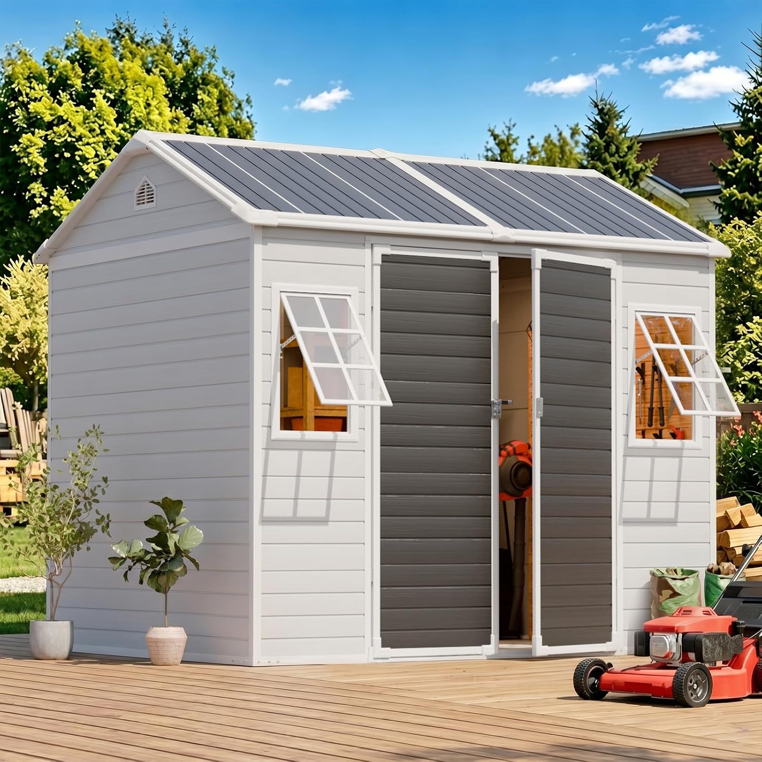 8x6フィートの樹脂製収納庫、床は厚さ14mmのパネル、屋外 - Garden Tools のレビューと価格